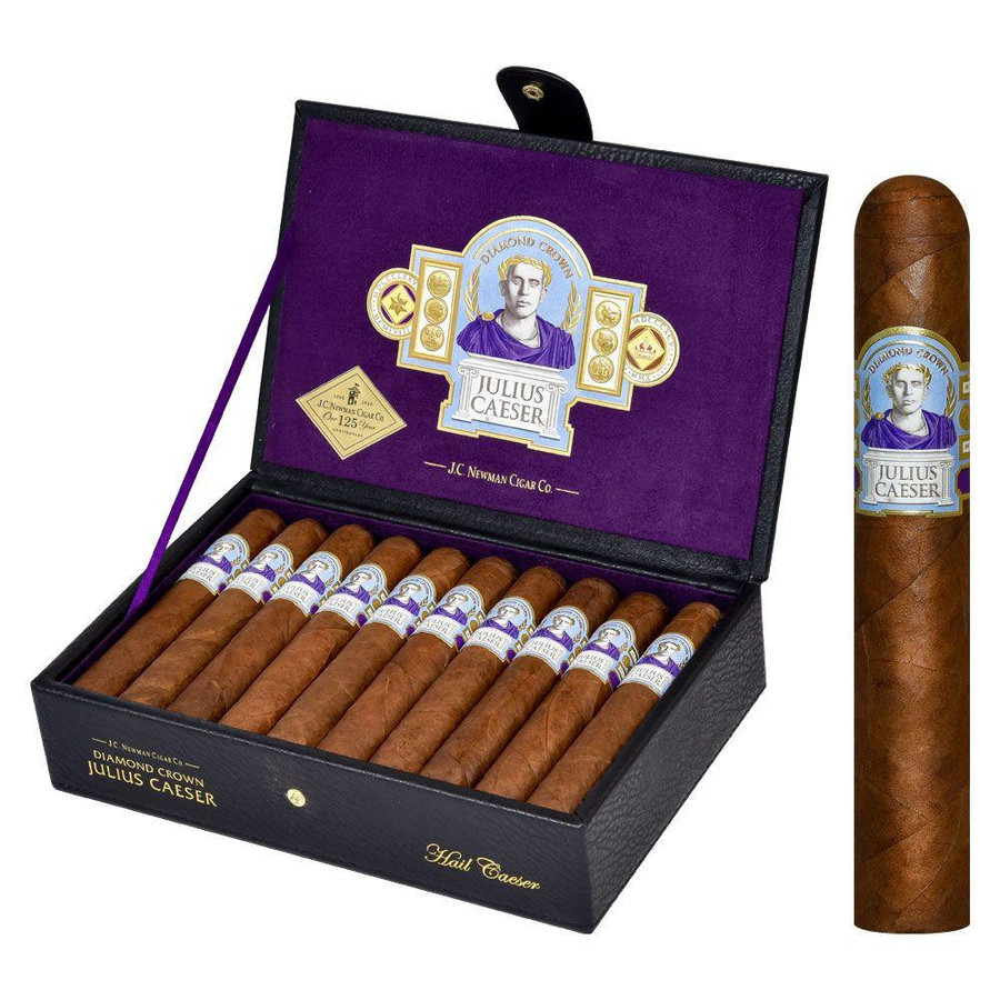 Diamond Crown Julius Caeser Hail Caeser Cigars 20Ct. Box, open black box filled with 20 cigars featuring purple and gold label.