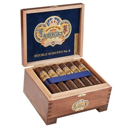 Diamond Crown Maximus Double Robusto #6 Cigars 20Ct. Box, opened wooden cigar humidor with 20 cigars inside and Diamond Crown Maximus logo on the lid.