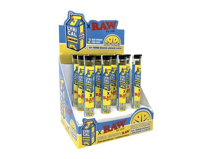 Raw Lyrical Lemonade Bud Wraps - 12Ct Display, display of lemon-flavored cannabis wraps in yellow and blue packaging in a cardboard stand Raw Lyrical Lemonade Bud Wraps - 12Ct Display, display of lemon-flavored cannabis wraps in yellow and blue packaging in a cardboard stand