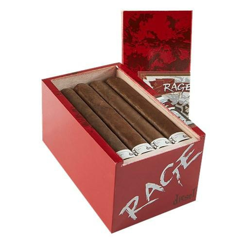 Diesel Rage Double Toro Cigars 16Ct. Box, image showing a red box with four large cigars inside, partially opened to display the cigars.