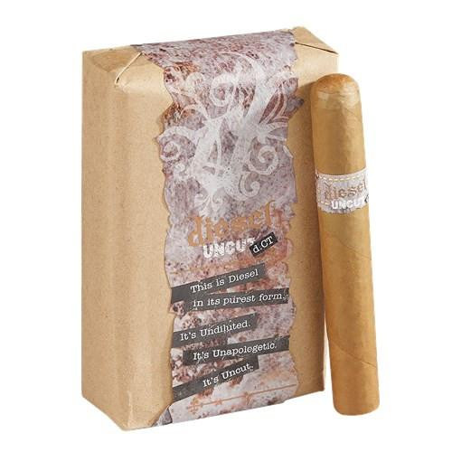 Diesel Uncut Connecticut Toro Cigars 10Ct. Pack, a bundle of cigars in a brown paper pack with torn design and a single unlit cigar next to it.