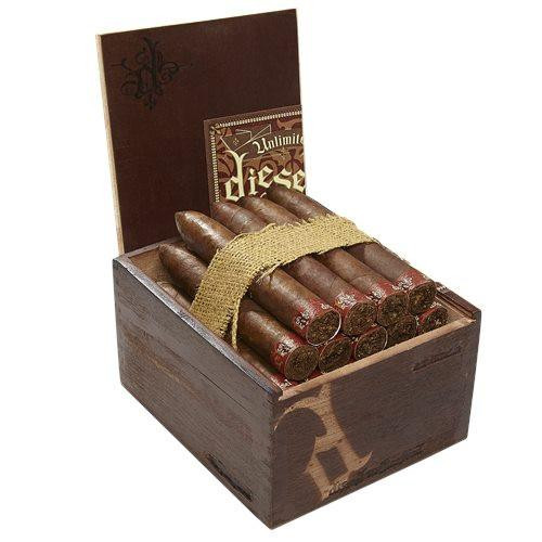 Diesel Unlimited d.X Cigars 20Ct. Box, box of cigars with open lid revealing rows of cigars wrapped in a band, inside a wooden box with a decorative background.