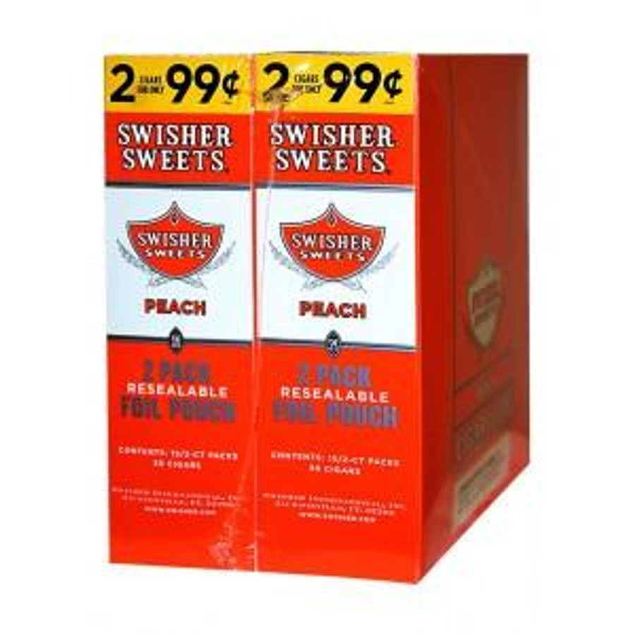 Swisher International Swisher Sweets Cigarillos Foil Peach 30 Pouches of 2, image of red and white boxes of peach flavored cigarillos with foil packaging and resealable pouches.