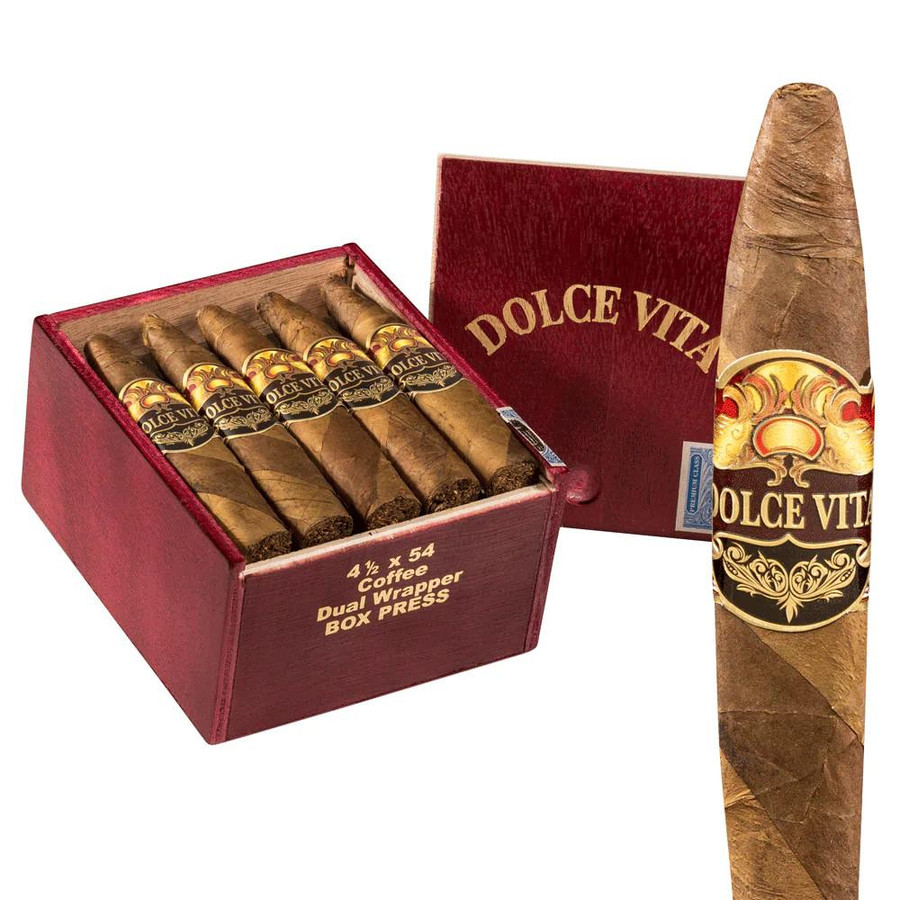 Dolce Vita Cafe Coffee Barberpole Cigars Edition Short Torpedo 20Ct. Box, a red box containing twenty cigars with a barberpole design on the band and an individual cigar with a similar label.