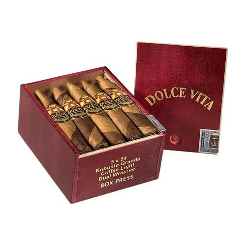 Dolce Vita Cafe Coffee Barberpole Edition Lancero Cigars 20Ct. Box, a wooden box containing 20 cigars with barberpole design, with the lid open showing the cigars arranged inside.