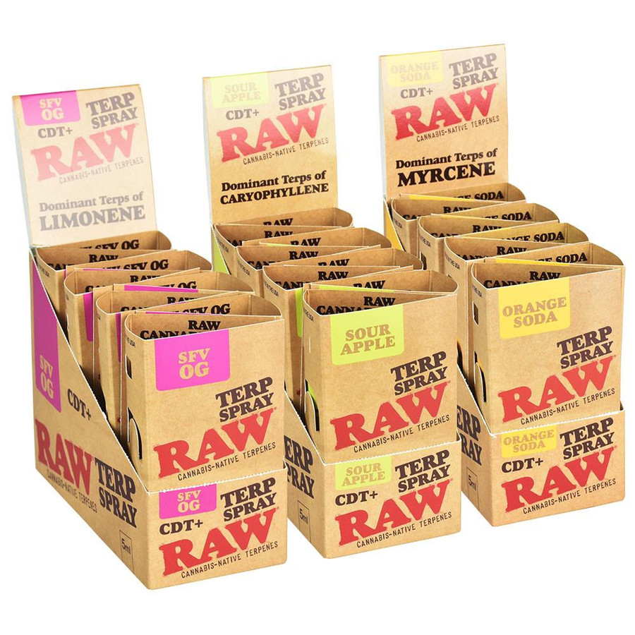 RAW CDT+ Terp Spray 5ml 8pc Display, cannabis-native terpene spray packaging with various flavors including Sour Apple, Orange Soda, and Lime Lemon.