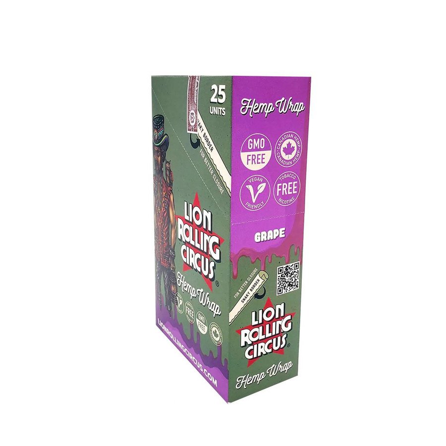 Lion Rolling Circus Hemp Wraps Premium Grape 25/2, product packaging showcasing purple and green design with GMO, vegan, and tobacco free icons.