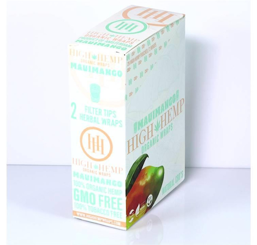High Hemp Organic Wraps Maui Mango 25Ct/2, a box of herbal wraps with mango flavor, featuring colorful mango and botanical illustrations on the packaging. High Hemp Organic Wraps Maui Mango 25Ct/2, a box of herbal wraps with mango flavor, featuring colorful mango and botanical illustrations on the packaging.
