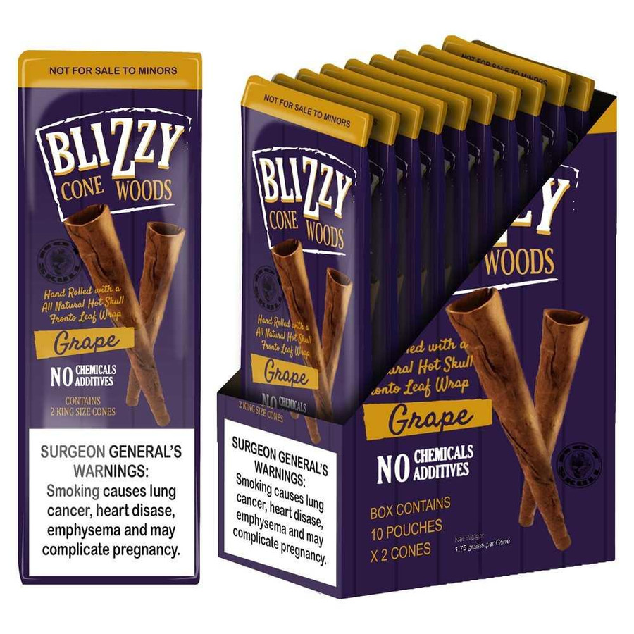 Blizzy Cone Woods Grape King Size Cones 10/2 Pouches, package of pre-rolled grape-flavored natural hot skull leaf wraps in purple and yellow packaging.