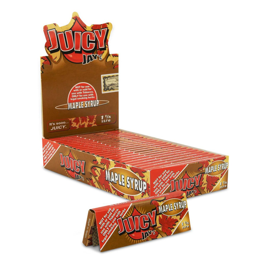 Juicy Jay Rolling Papers Maple Syrup 1 1/4 24Ct, display of multiple packs of maple syrup flavored rolling papers in a cardboard box with prominent branding and maple leaf graphics.