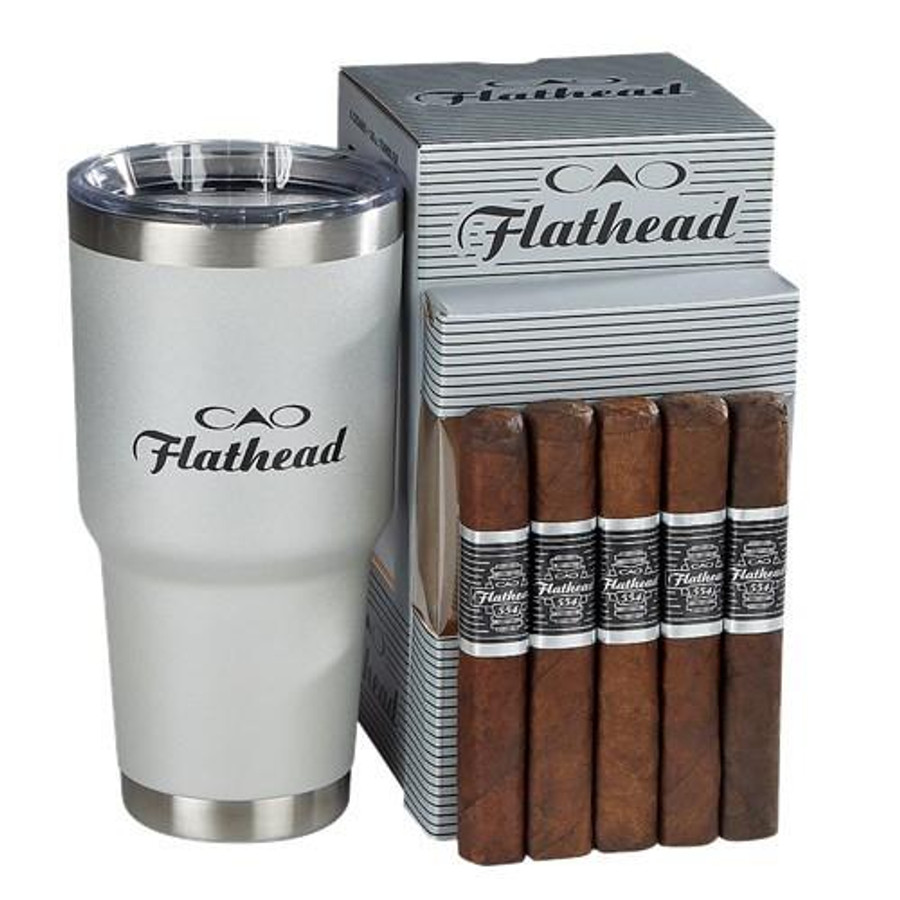 CAO Flathead Cigars Champion Sampler 5ct Plus Tumbler, a set of five cigars with a custom tumbler in a retail box.