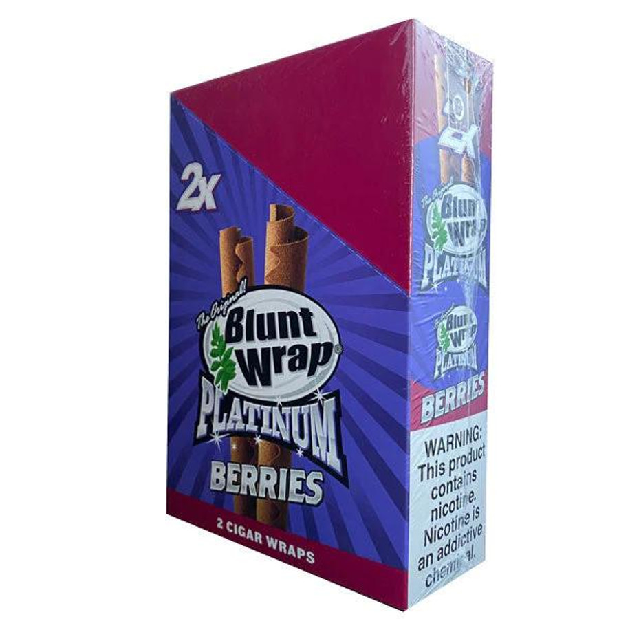 National Almond Honey Double Platinum Blunt Wraps Berries, a box of berry-flavored cigar wraps with two packs of blunt wraps inside, featuring vibrant purple and red packaging with cannabis leaf logo and warning label.
