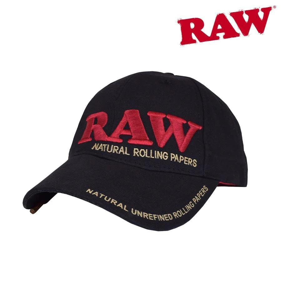 RAW Baseball Cap with Poker, black cap featuring red 'RAW' logo and text 'Natural Rolling Papers' embroidery, stylish accessory for casual wear.