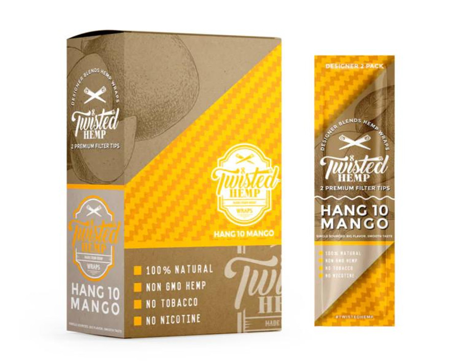 National Almond Honey Twisted Hemp Wraps Hang 10 Mango, product packaging with orange and brown design, featuring hemp wraps and filter tips, 15 pouches of 2.