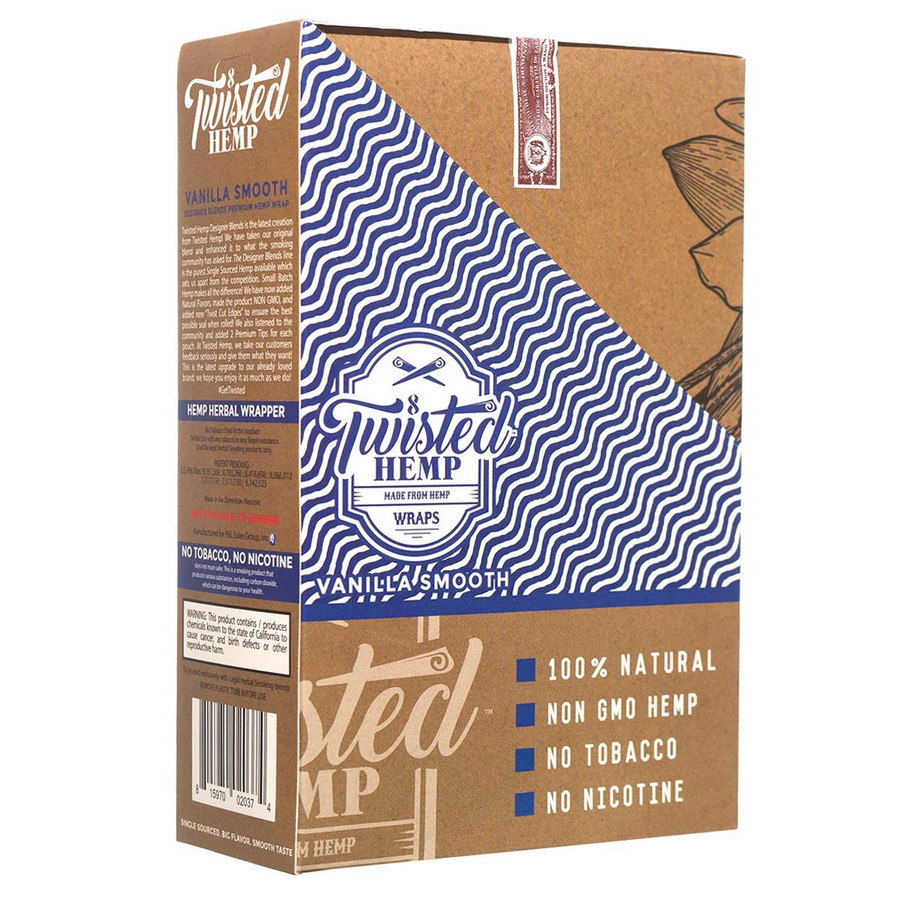 National Almond Honey Twisted Hemp Wraps Vanilla Smooth, product package featuring 15 pouches of 2 wraps each with blue and white design and brown label highlighting natural, non-GMO, tobacco-free, and nicotine-free features.