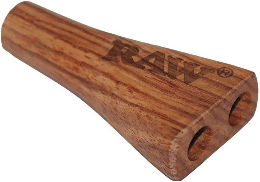 RAW Double Barrel Wooden Cigarette Holder, close-up view showing the smooth wooden finish and engraved RAW logo.