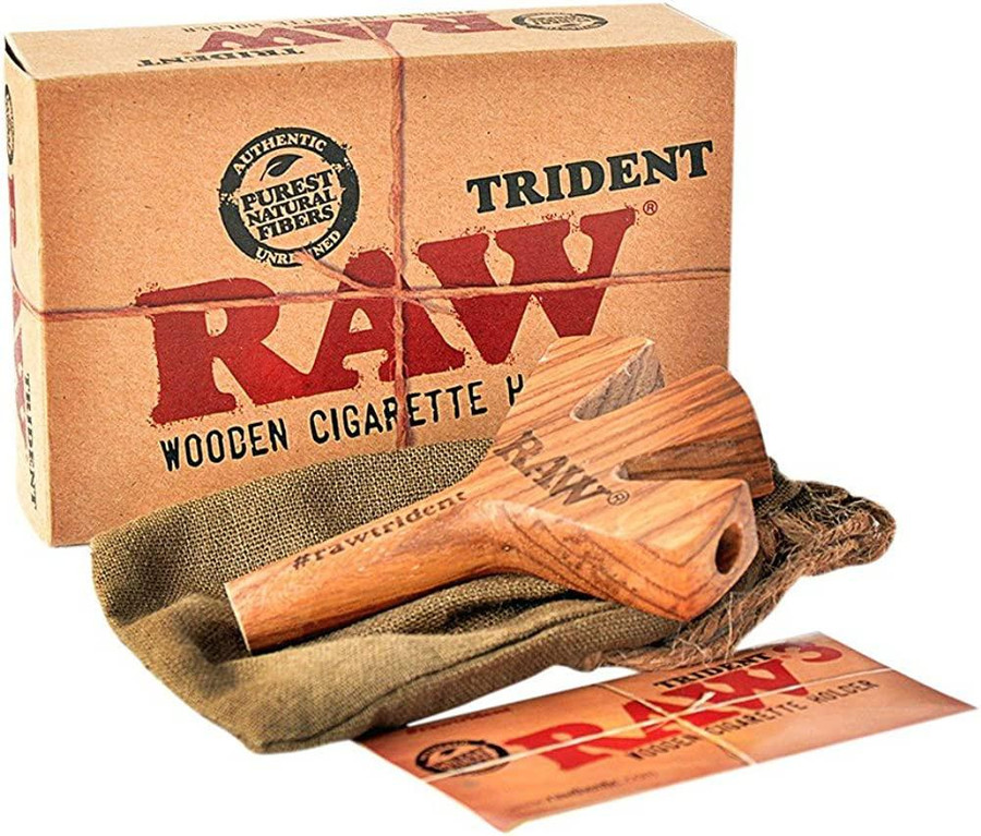 RAW Trident Wooden Cigarette Holder, natural wooden cigarette holder made from authentic natural fibers, with packaging and cloth pouch included.