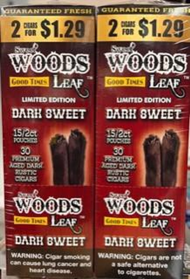Good Times Sweet Woods Dark Sweet 15 Pouches of 2, image of product packaging with 15 pouches, featuring red and black design and warning label.
