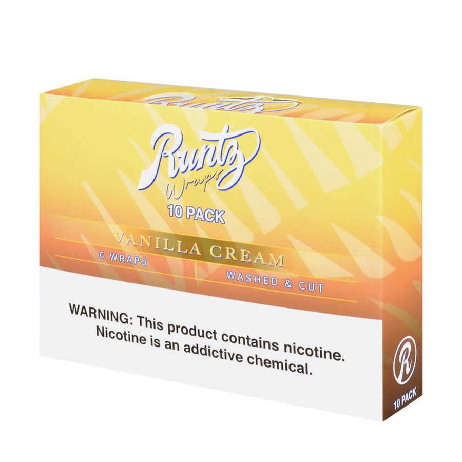 Runtz Natural Leaf Wraps 10/5 Pk, product packaging for vanilla cream flavored wraps with 10 packs, 6 wraps per pack, washed and cut for easy use.