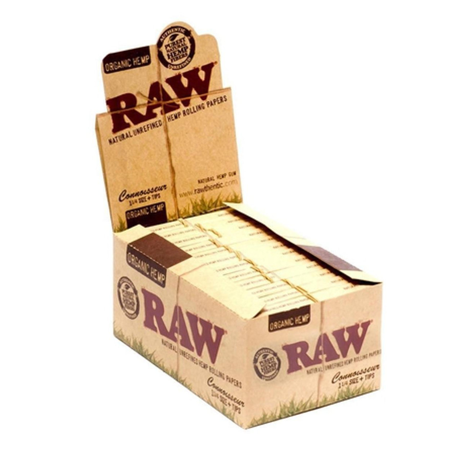 RAW Organic Hemp Rolling Papers Connoisseur 1 1/4 24Ct, display of multiple packs of natural hemp rolling papers in a cardboard counter display.