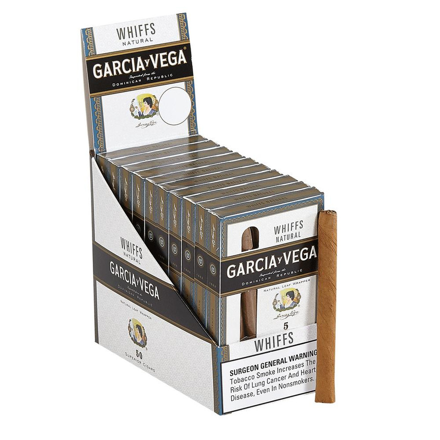 Product Swedish Match Garcia Y Vega Cigars Whiffs 10 packs of 5, display box with individually wrapped cigars and a cigar resting on the box.