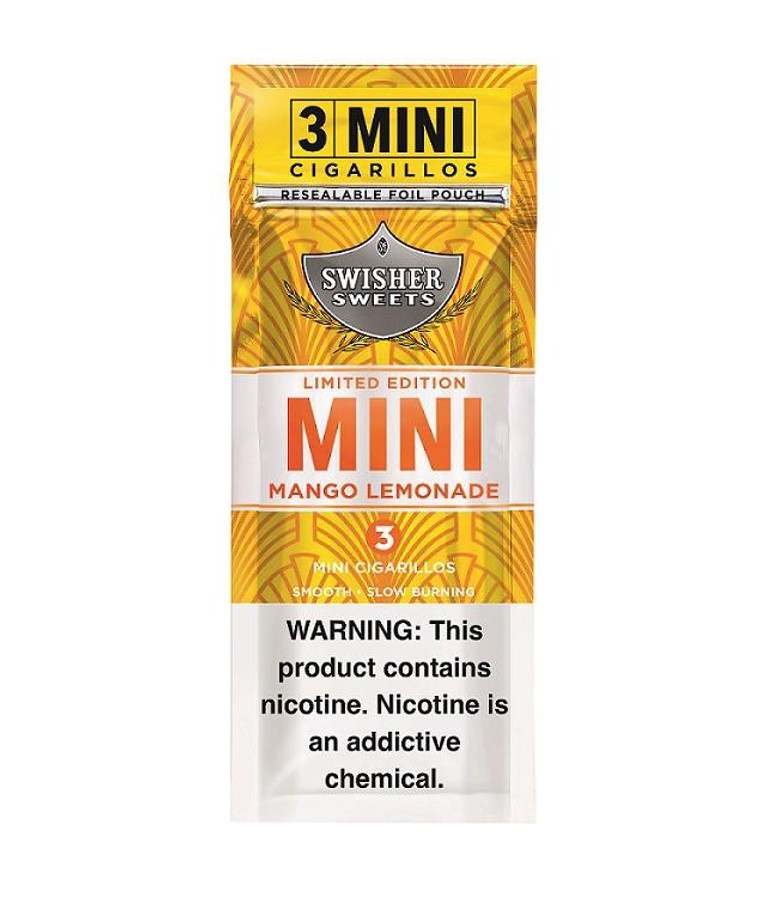 Swisher International Swisher Sweets Mini Cigarillos Foil Mango Lemonade 15/3, resealable foil pouch with mango lemonade flavor mini cigarillos design and warning label.