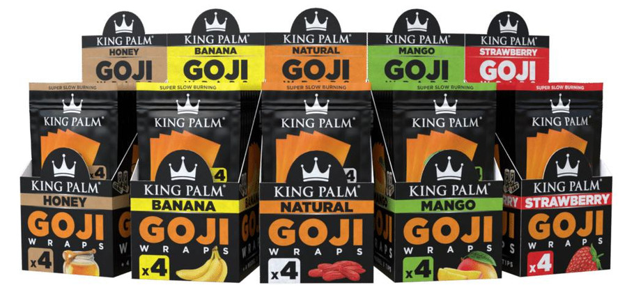 King Palm Wraps Goji Berry Blunt Wraps 15/4Pk, display of five different flavored packs of King Palm natural blunt wraps including honey, banana, natural, mango, and strawberry.