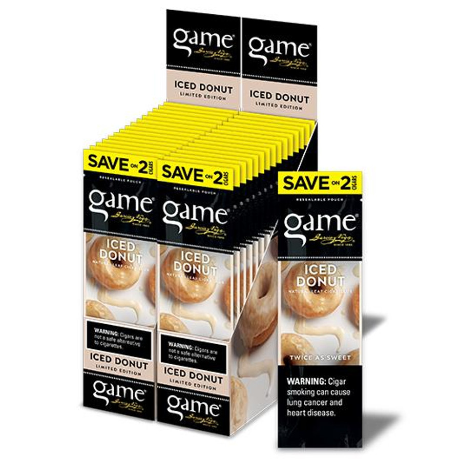 Swedish Match Game Cigarillos Foil Iced Donut 30 Pouches of 2, product display of cigarillos with iced donut flavor packaging and promotional yellow and black packaging featuring save offers.