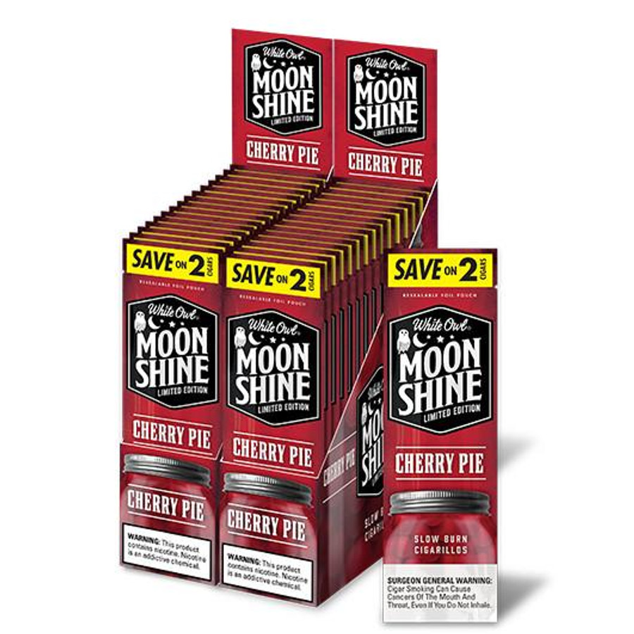 Swedish Match White Owl Cigarillos Cherry Pie Moonshine 30/2, display box featuring Cherry Pie flavored cigarillos with warning labels and promotional signs.
