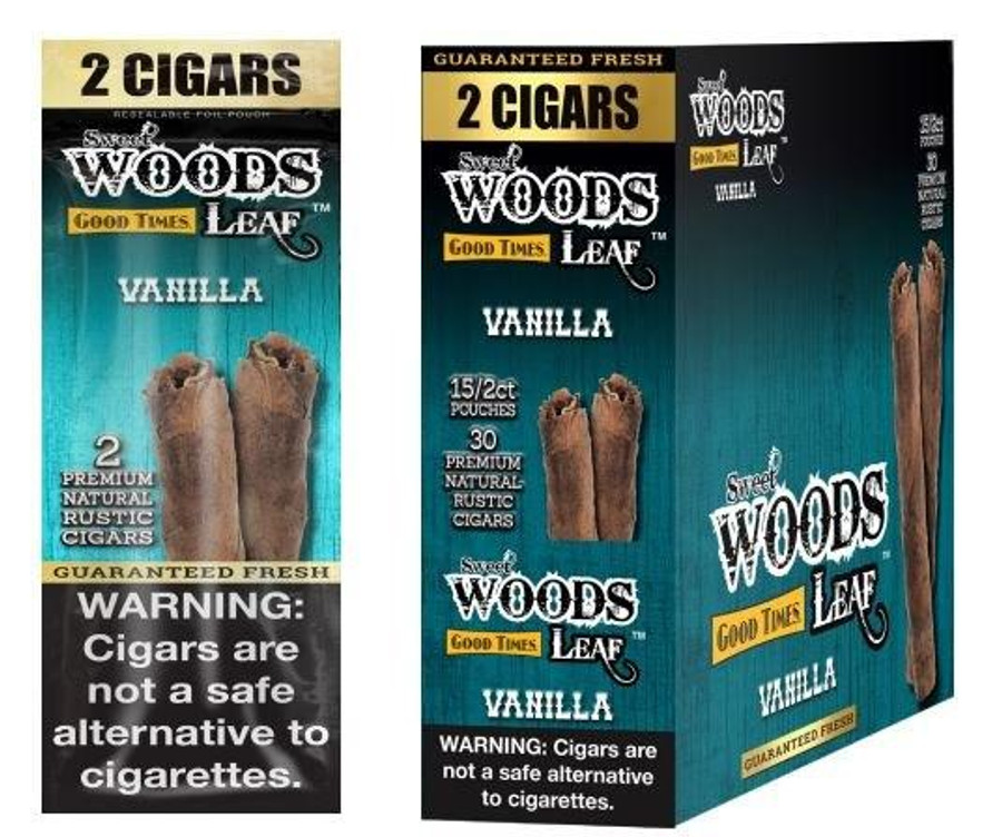 Good Times Sweet Woods Vanilla 15 Pouches of 2, product packaging displaying vanilla flavored cigars with warning label and branding.