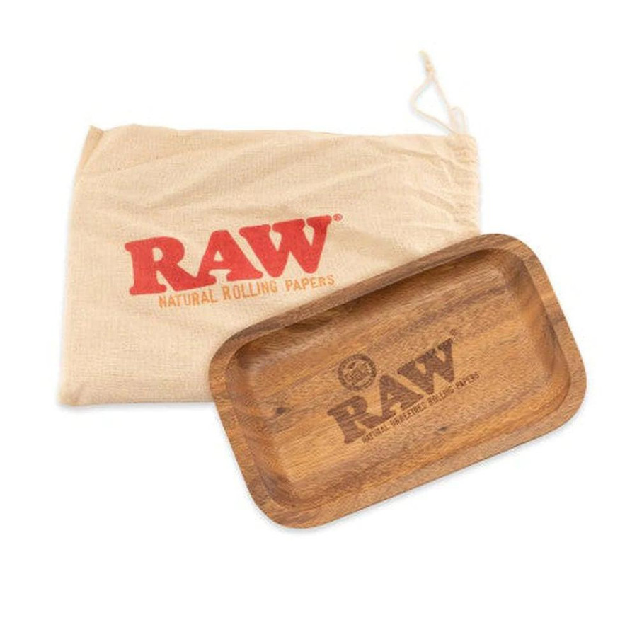 RAW Wood Rolling Tray with Pouch, natural wooden tray with RAW logo, and a beige pouch with RAW branding for storing rolling accessories.