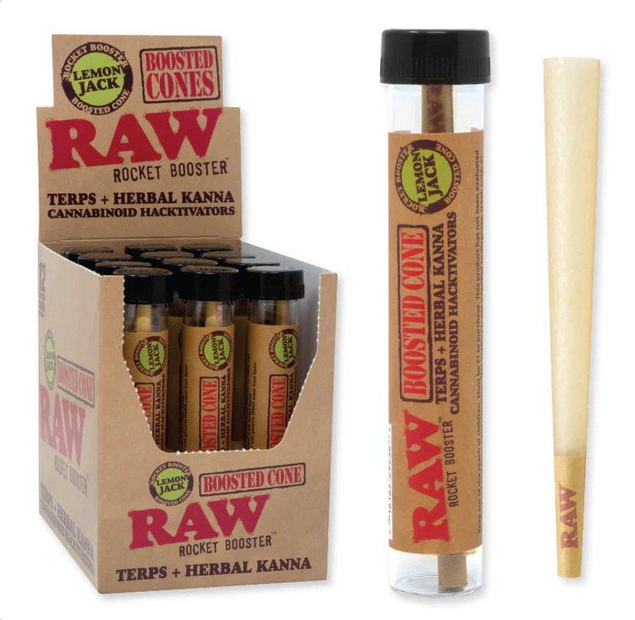 RAW Rocket Booster Lemon Jack Boosted Cone Terps + Herbal Kanna, product image showing a display box of 12 disposable tubes, a single tube, and a rolled cone for herbal and cannabinoid use.