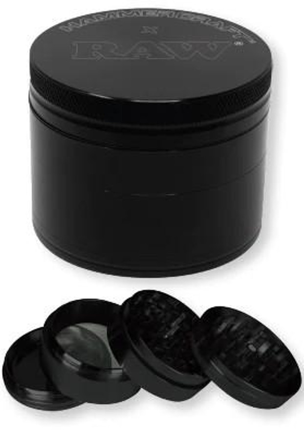 RAW x Hammer Craft 4 Piece Grinder 2.5 - Black circular herb grinder with textured top and four separate grinding chambers.
