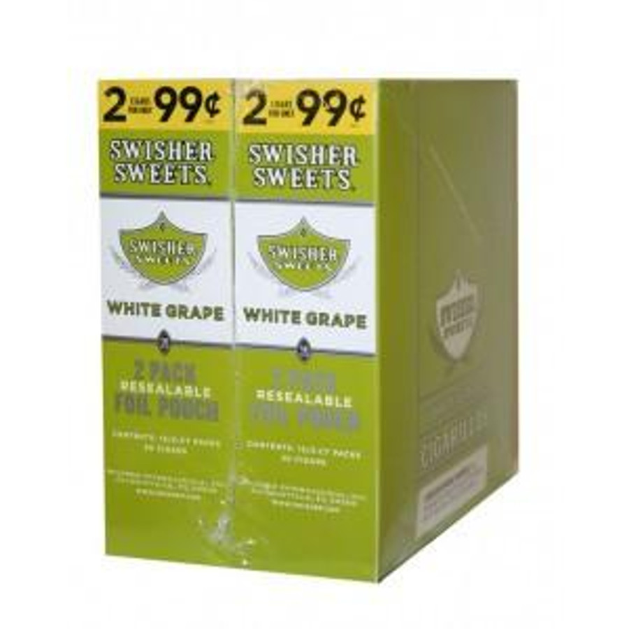 Swisher International Swisher Sweets Cigarillos Foil White Grape, box of 30 pouches of 2, featuring resealable foil packs for fresh White Grape flavored cigarillos.