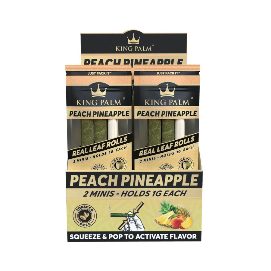 King Palm Peach Pineapple Minis Rolls 20/2, product packaging showing two mini leaf rolls with peach and pineapple flavor, tobacco-free, with instructions to squeeze and pop to activate flavor.