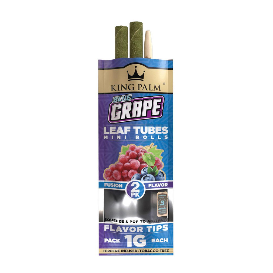 King Palm Wraps Leaf Tubes Blue Grape Minis 20/2, product packaging showing blue grape flavored leaf tubes with images of grapes on the front.