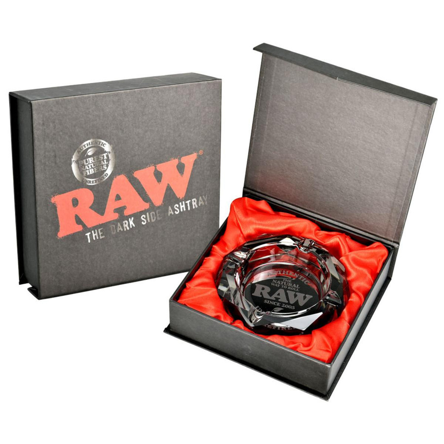 RAW The Dark Side Ashtray, glass ashtray with a cut design and RAW branding, presented in a stylish box with red satin lining.