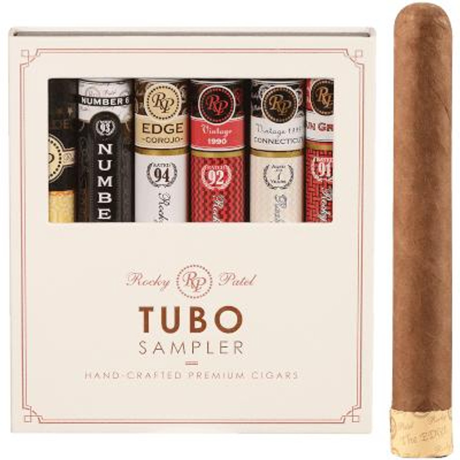 Rocky Patel Tubo Cigar Sampler 6ct, display of six premium hand-crafted cigars in a white box with red accents, each with unique branding and label design.