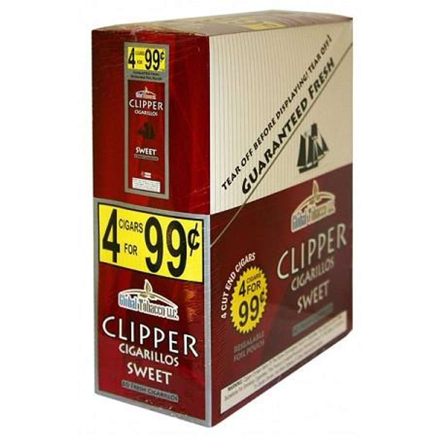 Global Tobacco Clipper Cigarillos Sweet 15 Pouches of 4, packaged cigarillos in a red and beige box with promotional offers.
