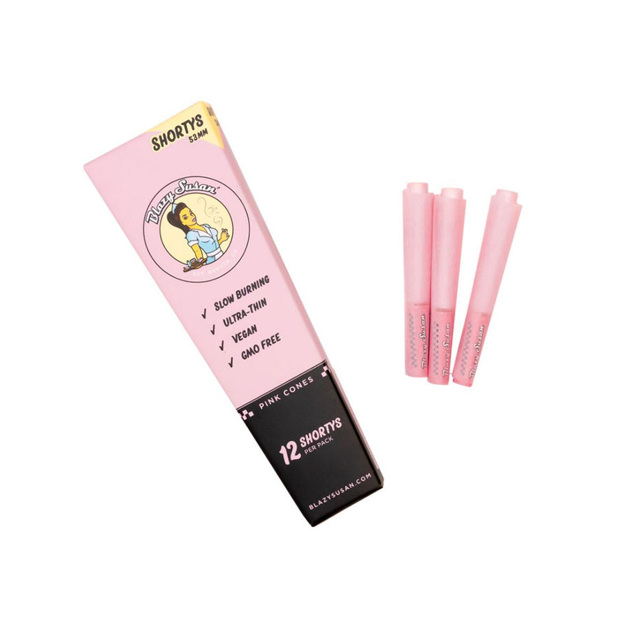 Blazy Susan Pre-Rolled Cones 53mm Shortys Pink 12PK, pack of 12 pre-rolled cones in pink color with quality cannabis rolling tubes.