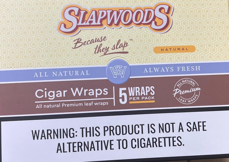 Slapwoods Natural Leaf Natural Cigar Wraps 50ct, packaging showing 5 wraps per pack, all natural premium leaf wraps, and a warning label.