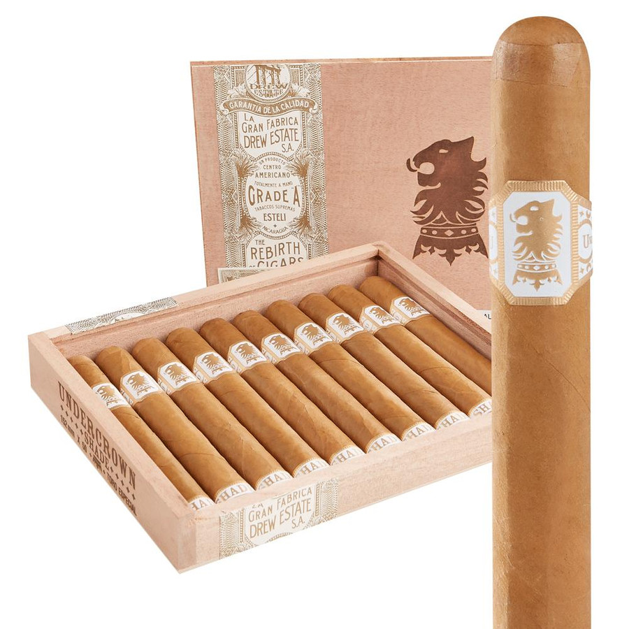 Undercrown Cigars Connecticut Shade Toro Especial 10 Ct. Box 6.00X52, showcasing a wooden box containing ten rolled cigars with white and gold labels, and a single cigar standing outside the box.
