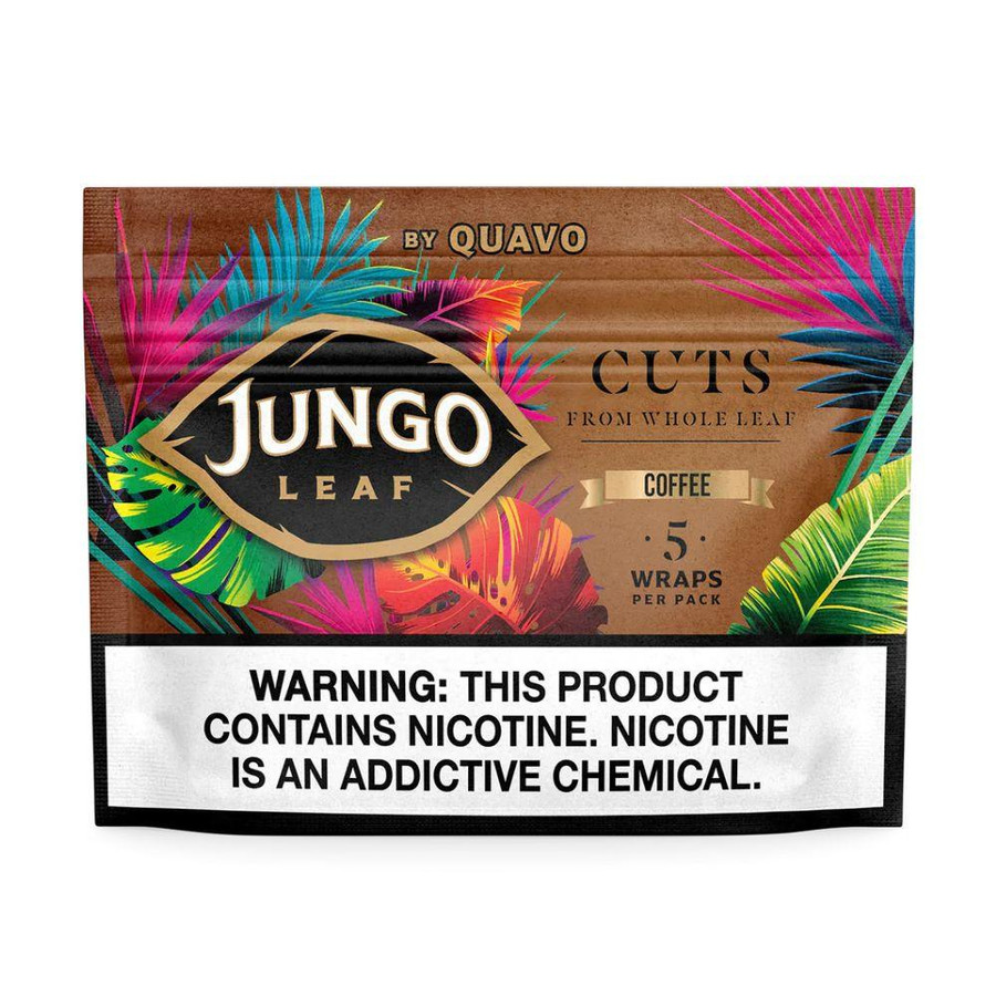 Altadis Jungo Leaf Cuts Tobacco Wraps 10/5, colorful packaging with tropical leaf design and warning label about nicotine content.