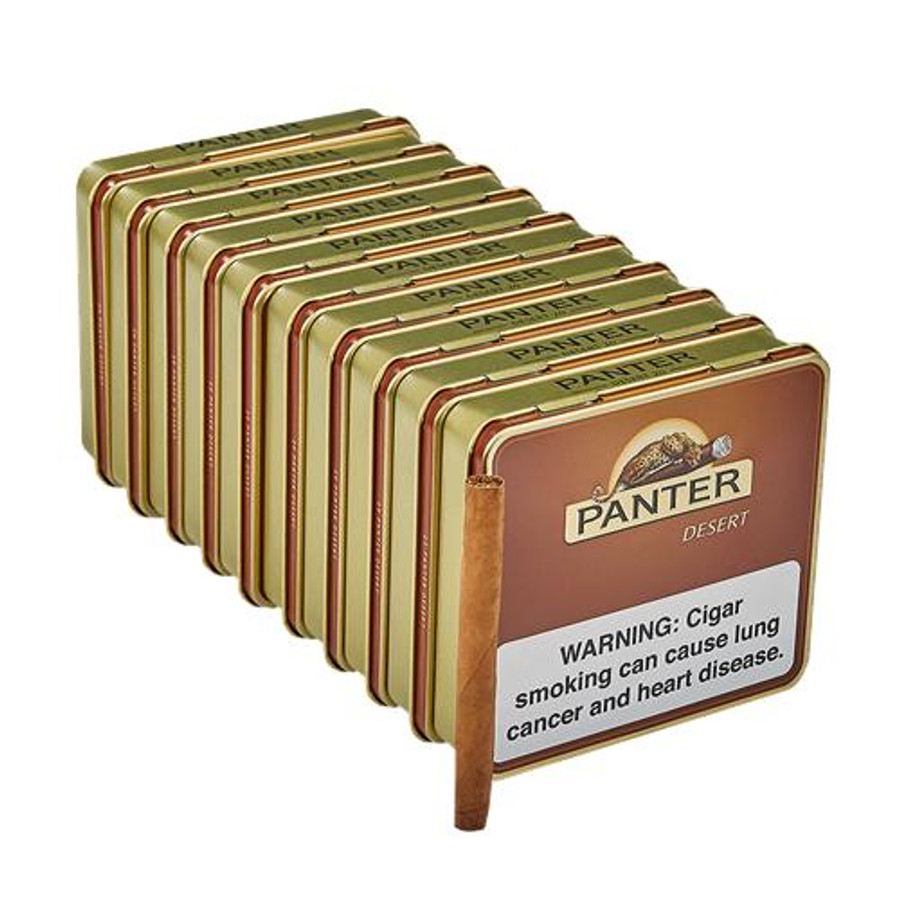 Panter Desert Cigarillos, 10 tins of 20 cigarillos each, in gold packaging with a warning label and a cigar illustration.