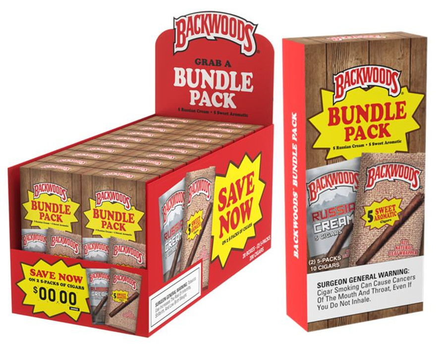 Backwoods Bundle Pack Russian Cream and Sweet Aromatic Cigars, image showing a pack of 10 cigars with packaging details.