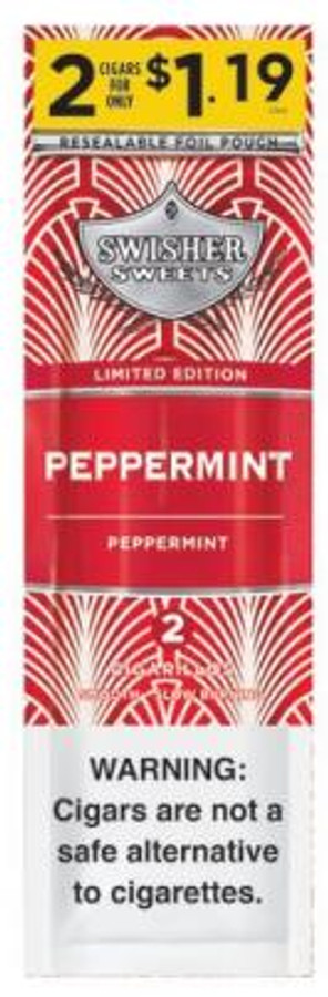 Swisher Sweets Pepermint Cigars, package of 30 pouches of 2 with peppermint flavor branding and warning label
