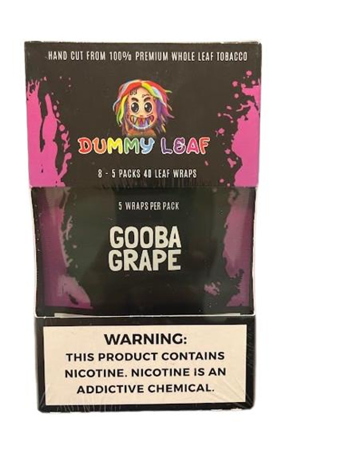 Dummy Leaf Wraps Gooba Grape 8/5 Packs, image of a box of leaf wraps with colorful branding and warning label about nicotine content. Dummy Leaf Wraps Gooba Grape 8/5 Packs, image of a box of leaf wraps with colorful branding and warning label about nicotine content.