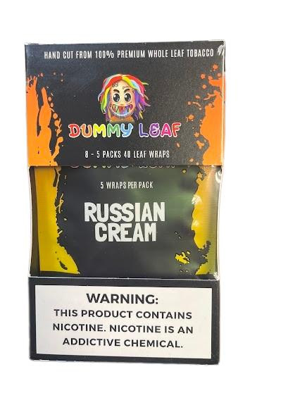 Dummy Leaf Wraps Russian Cream 8/5 Packs, image of a product box containing leaf wraps with colorful branding and a warning label about nicotine content.