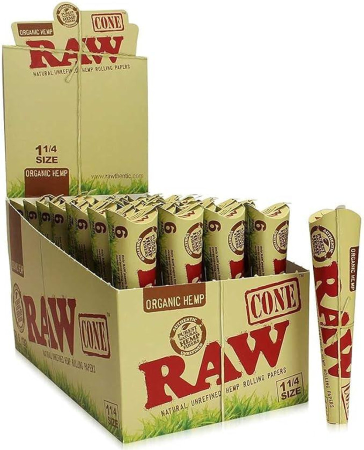 RAW Raw Organic Hemp Cones 1 1/4 32 Packs, display of organic hemp rolling cones in a cardboard box with multiple cones arranged inside.