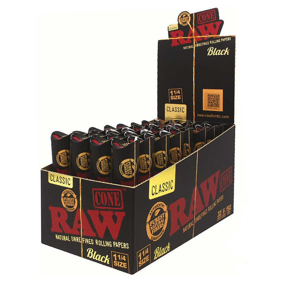RAW Raw Black Classic Cones 1 1/4, display of black rolling paper cones in a retail box.